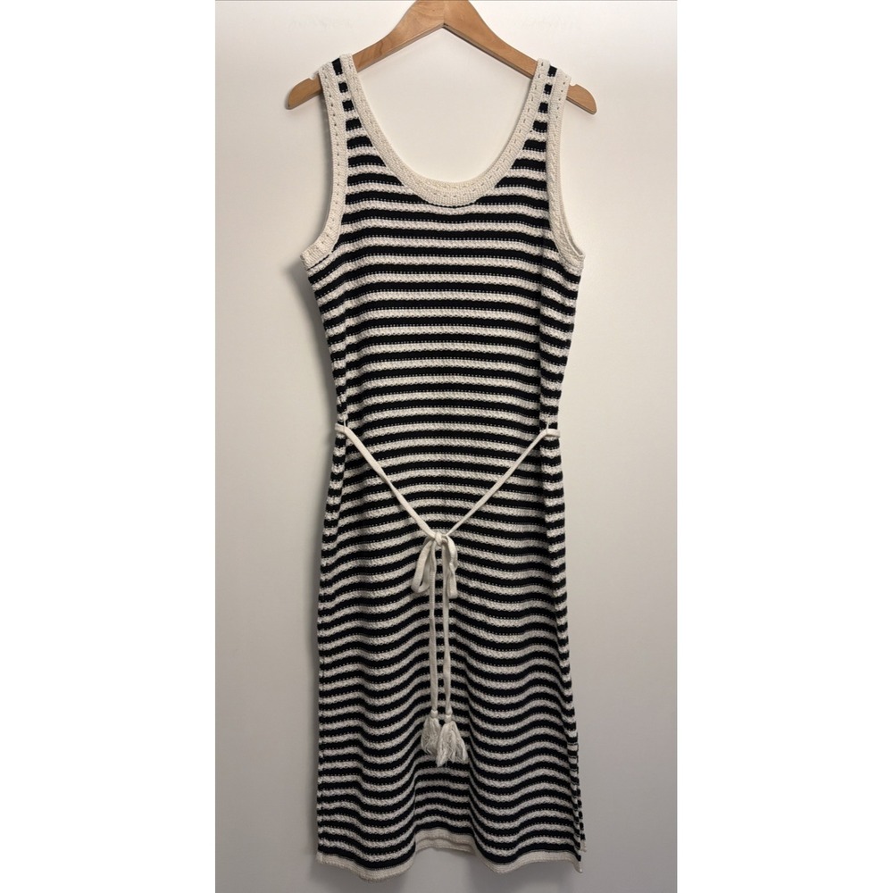 Nine West Crochet Midi Tank Dress Size XL Black Beige Belt Striped Resort Beach